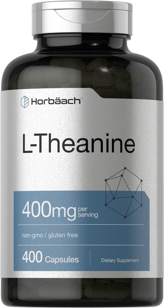 Horbäach L-Theanine 400mg bottle and capsules