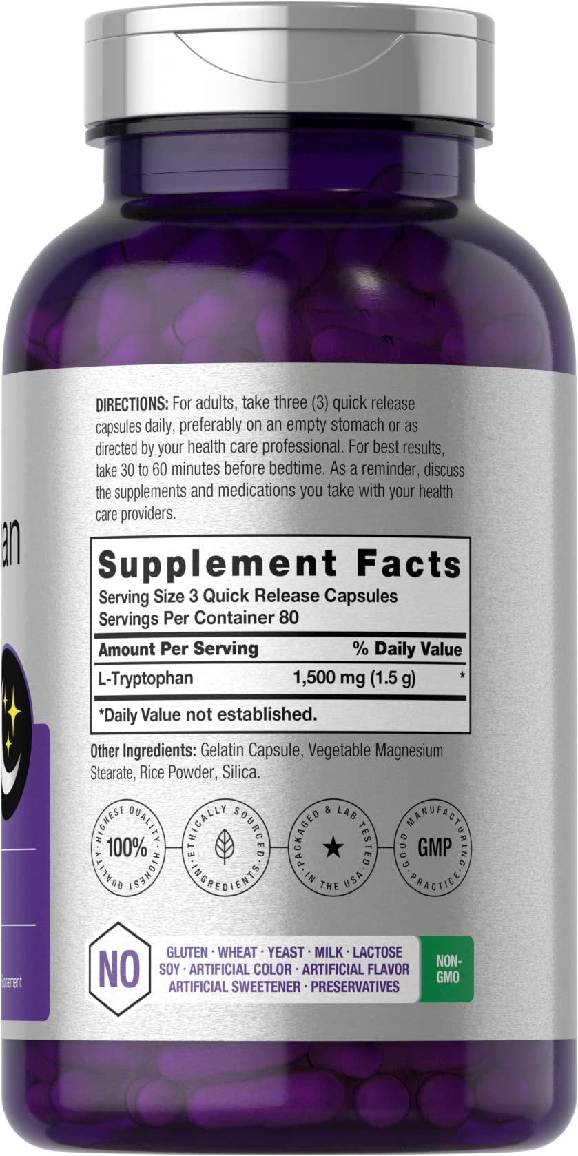 Front view of Horbäach L-Tryptophan 1500mg bottle, 240-count