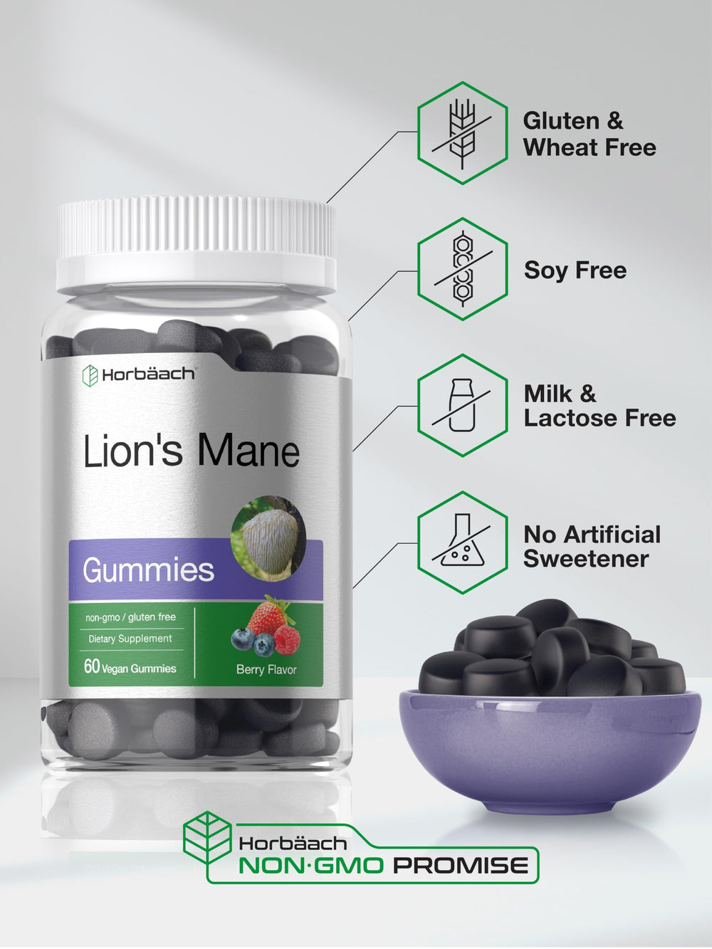 Ingredients and purity statement on Horbäach Lion's Mane packaging