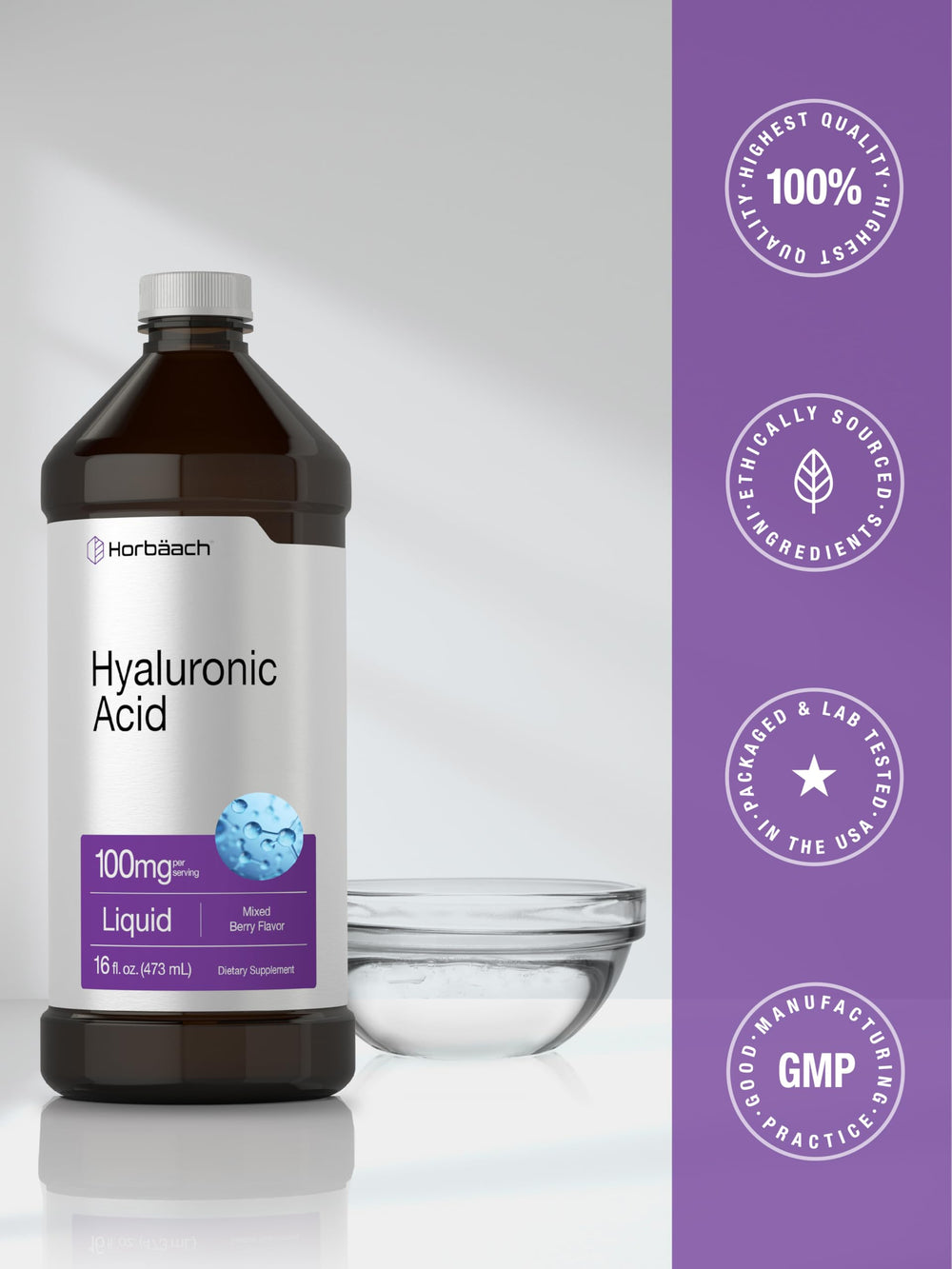 Glass serving with mixed berries beside Horbaach liquid Hyaluronic Acid
