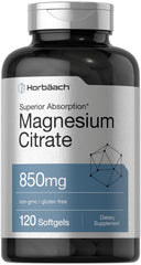 Horbäach Magnesium Citrate bottle and label - 850 mg per softgel