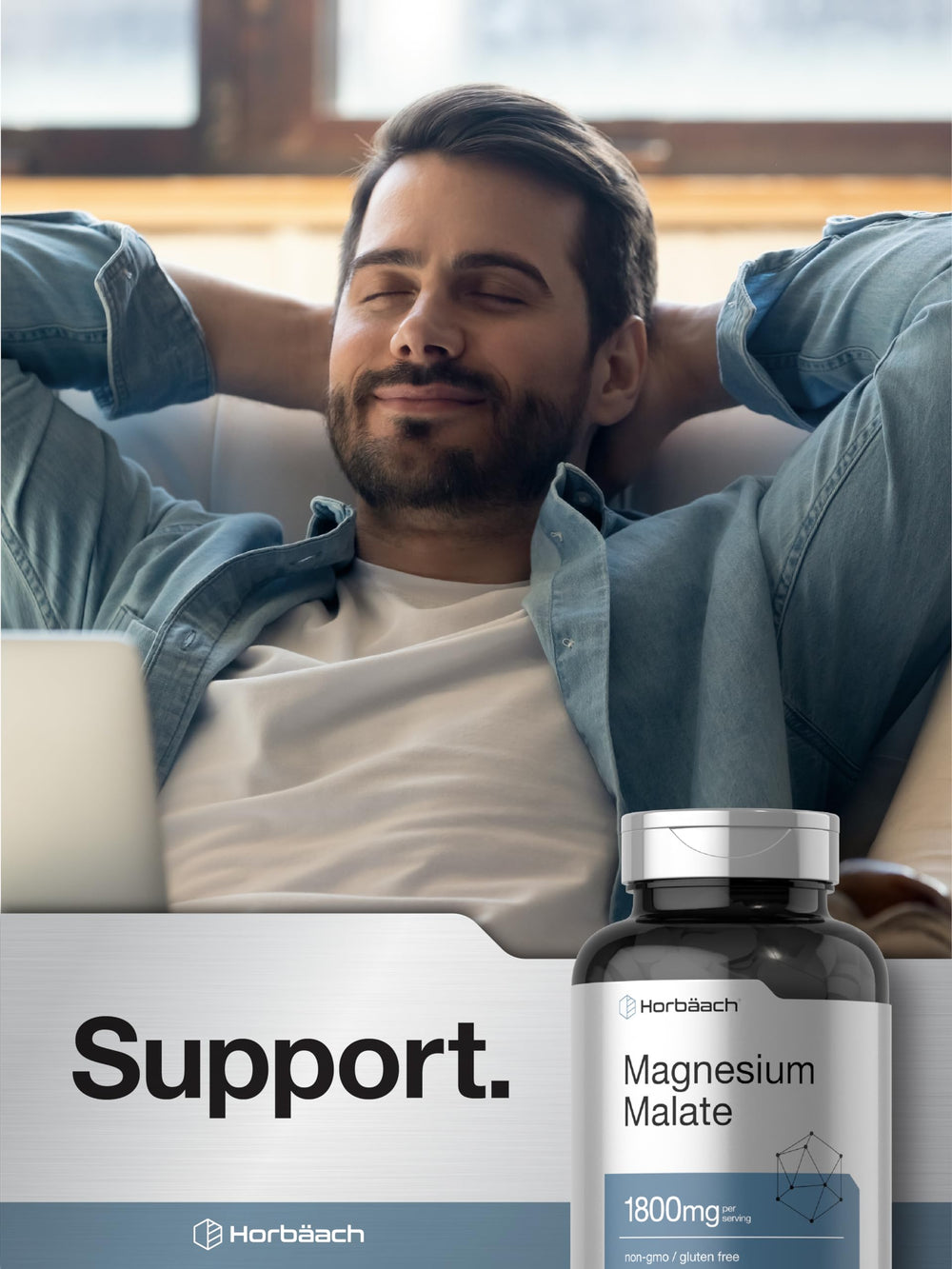 Lifestyle shot of Horbaach Magnesium Malate bottle on a kitchen counter