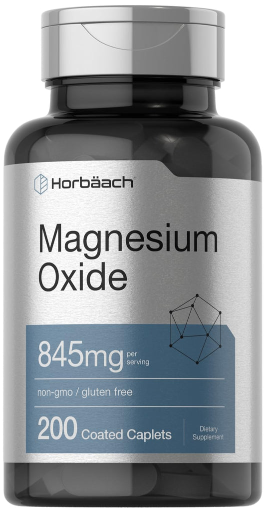 Front view of Horbaach Magnesium Oxide 845 mg bottle with 200 coated caplets