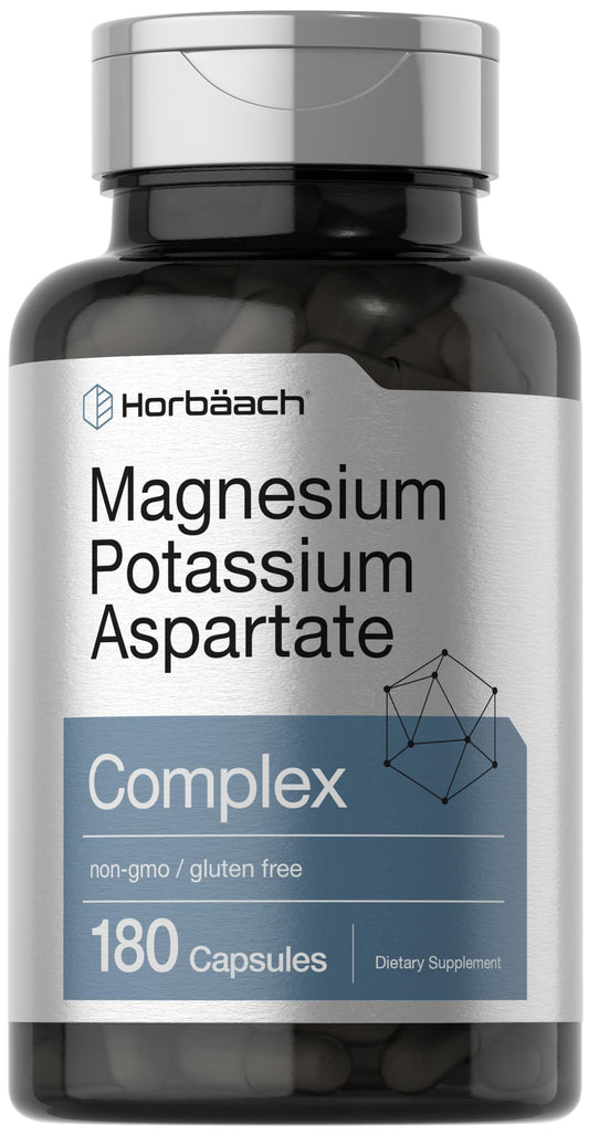Bottle of Horbäach Magnesium Potassium Aspartate Complex, 180 capsules, front