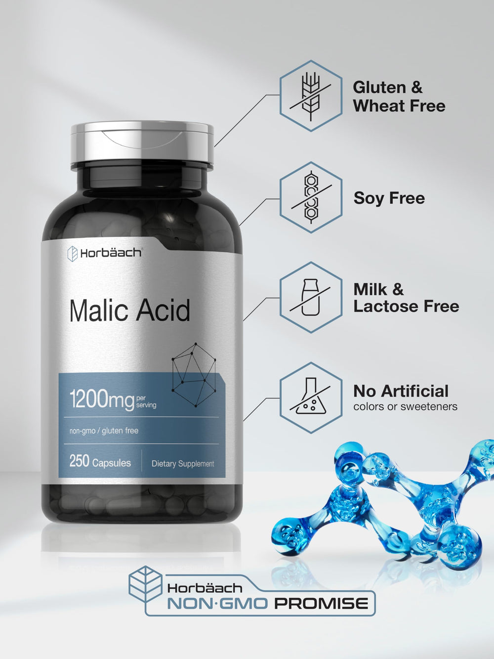 Malic acid capsules spilling from bottle for display