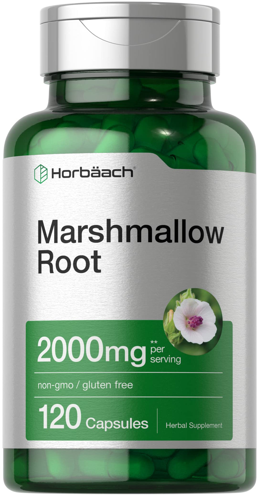 Bottle of Horbäach Marshmallow Root Capsules – 2000mg per serving, 120 count