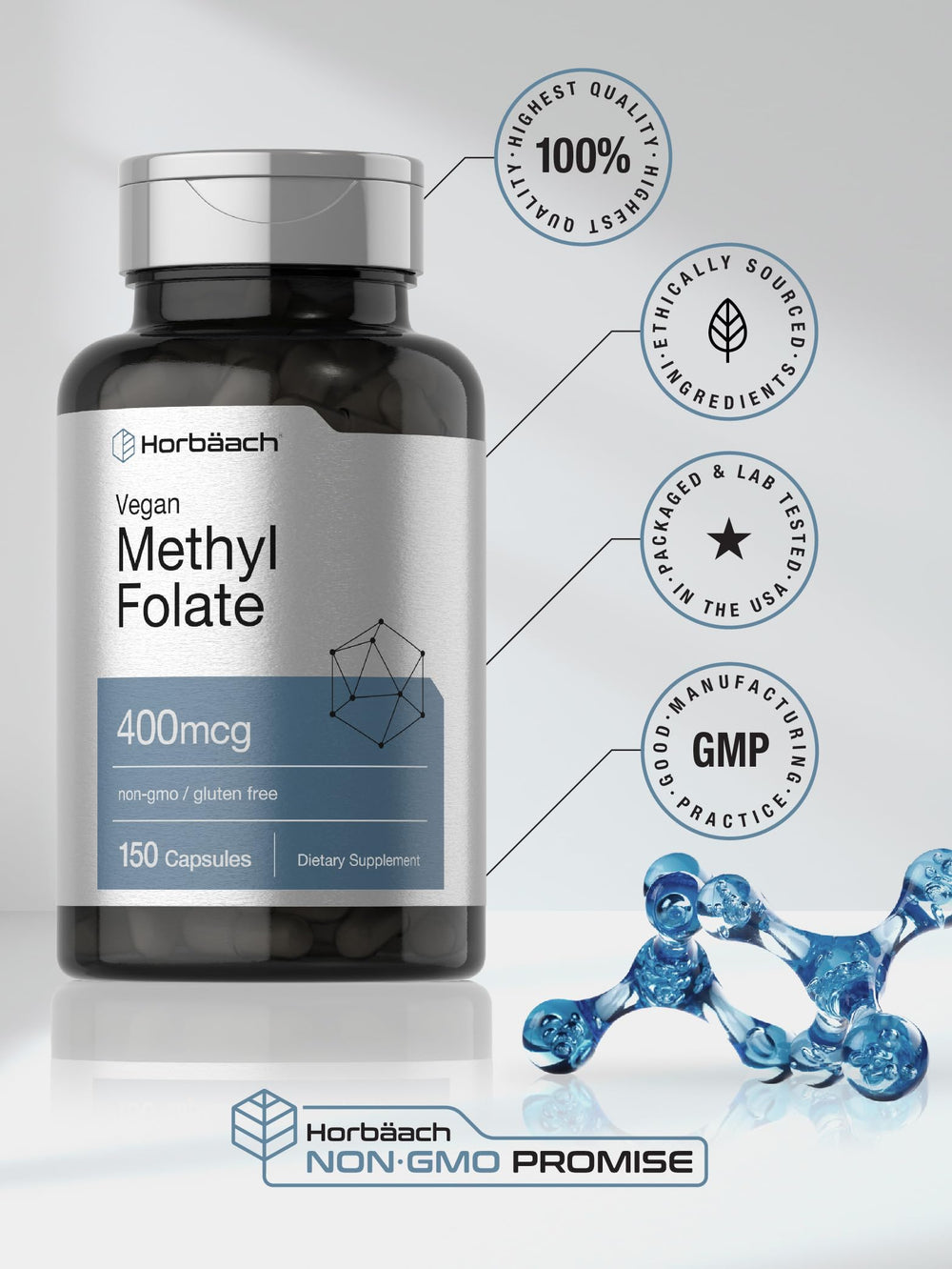 Bottle cap and Horbäach branding on Methyl Folate bottle