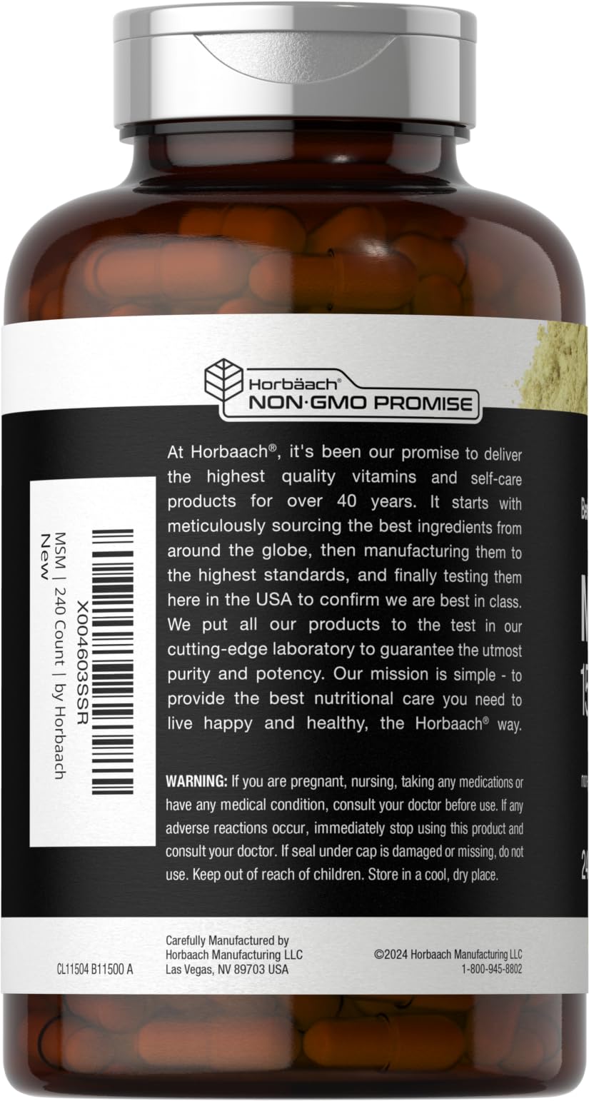 Box and bottle display of Horbäach MSM 1500mg 240-count