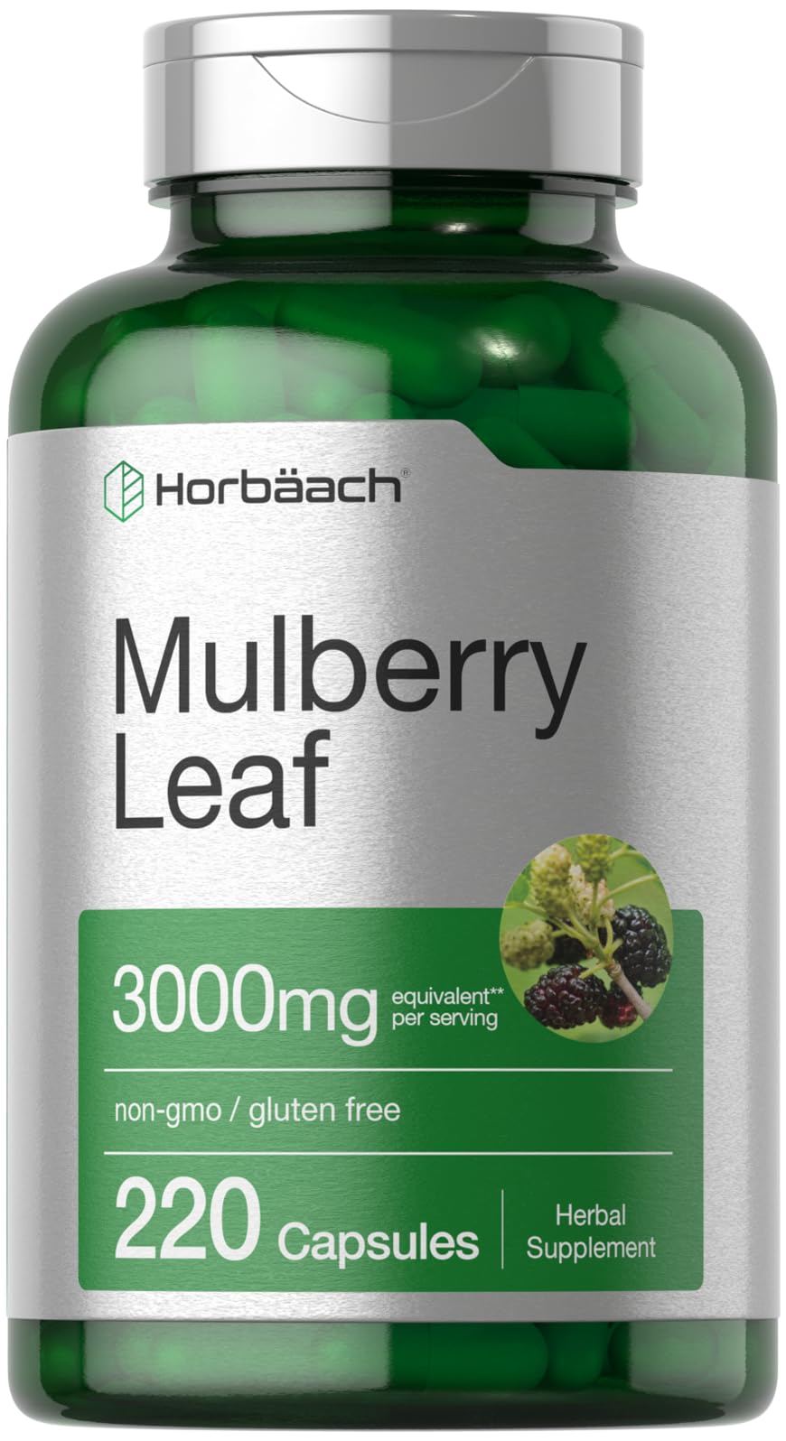 Front view of Horbaach Mulberry Leaf Extract Capsules bottle - 220 count
