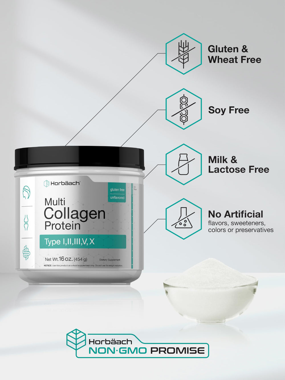 Nutrition facts panel of Horbaach Multi Collagen Powder 16 oz