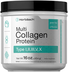 Front view of Horbaach Multi Collagen Protein Powder 16 oz unflavored bottle