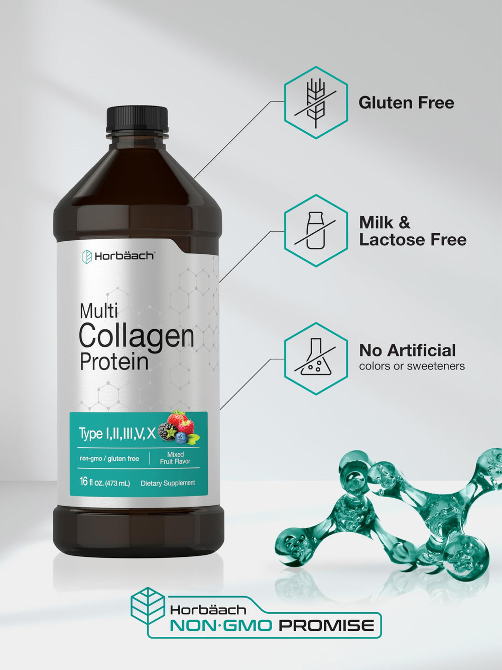 Fruit-forward Horbaach collagen bottle with glass and fruit imagery