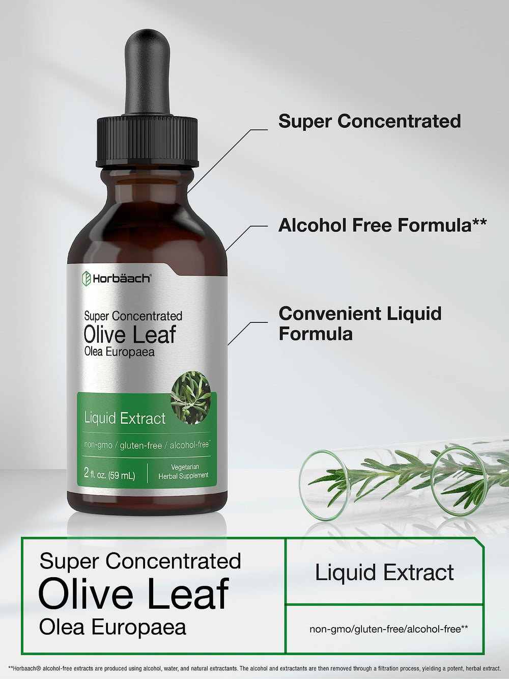 Side view of Horbaach Olive Leaf Extract Liquid bottle