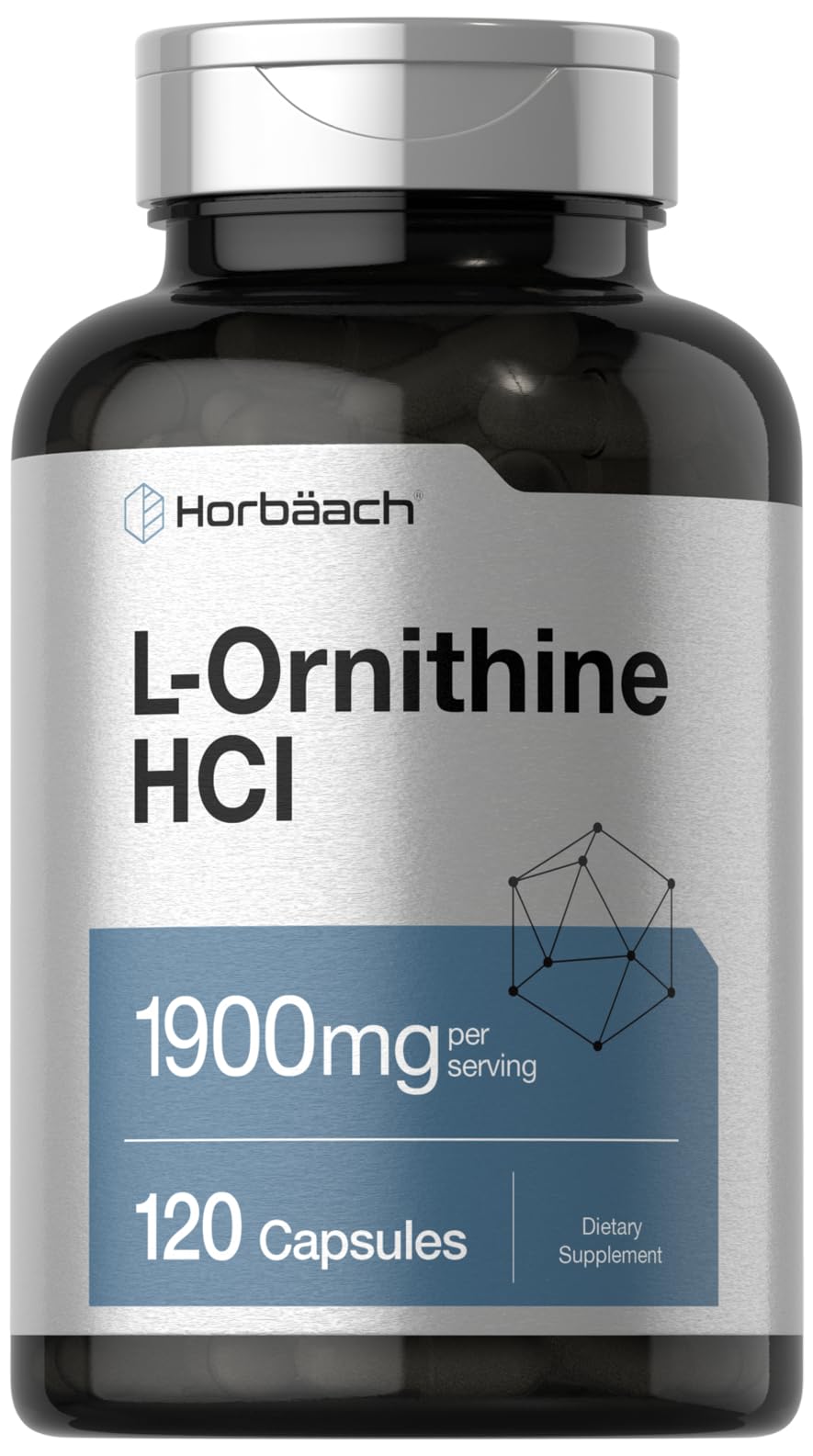 Horbäach L-Ornithine HCl 1900 mg bottle and capsules - main image