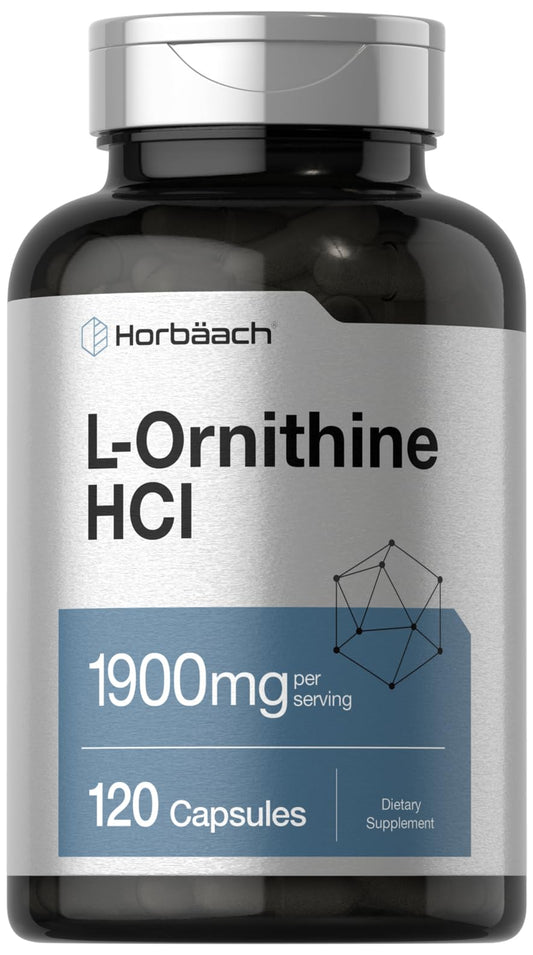 Horbäach L-Ornithine HCl 1900 mg bottle and capsules - main image