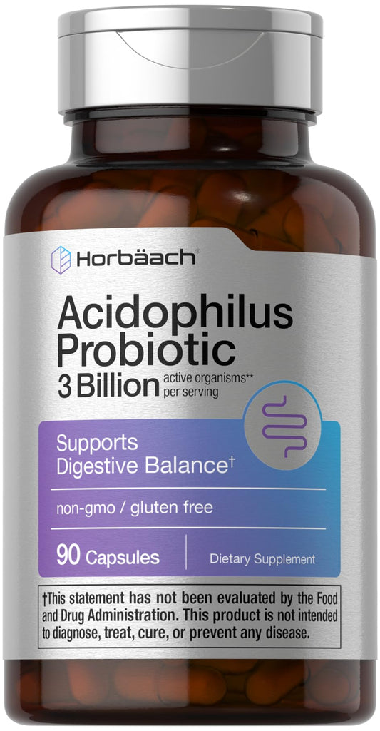 Front view of Horbaach Probiotic bottle with 3 Billion CFU, 90 capsules