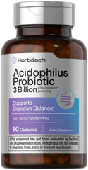 Front view of Horbaach Probiotic bottle with 3 Billion CFU, 90 capsules