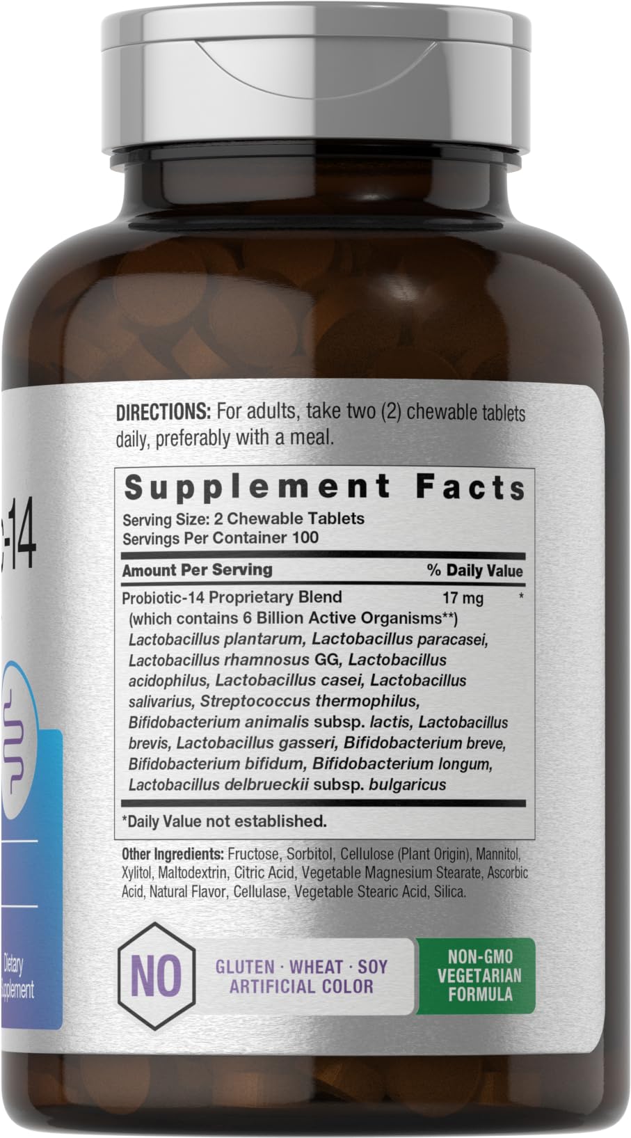 Bottle label highlighting 14 probiotic strains