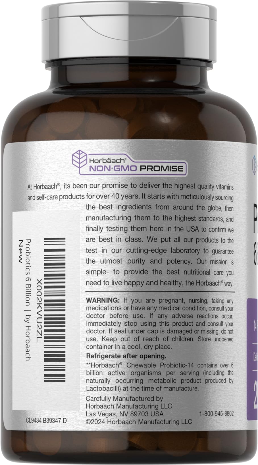 Nutrition facts panel on Horbäach probiotic bottle