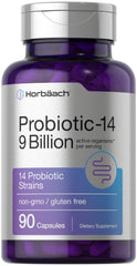 Horbäach Probiotics bottle showing 14 strains and 9 billion CFU