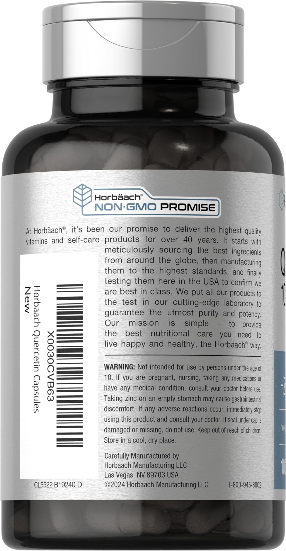 Side view of Horbaach Quercetin 1000mg with Zinc bottle