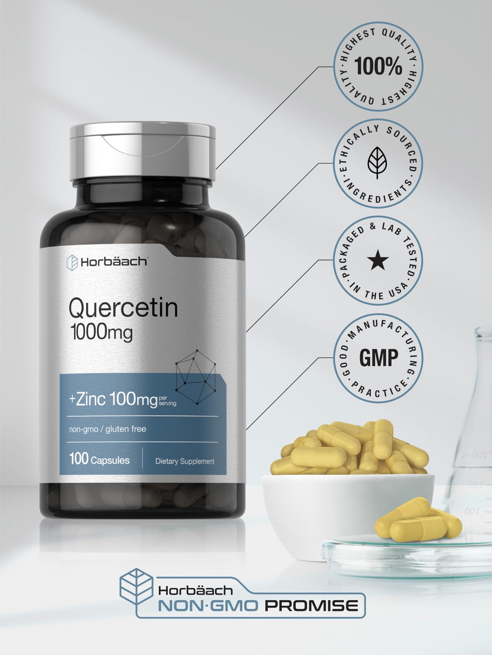 Close-up of the product label highlighting quercetin 1000mg and zinc 100mg