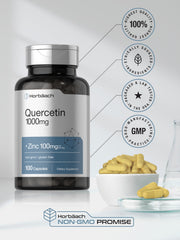 Close-up of the product label highlighting quercetin 1000mg and zinc 100mg