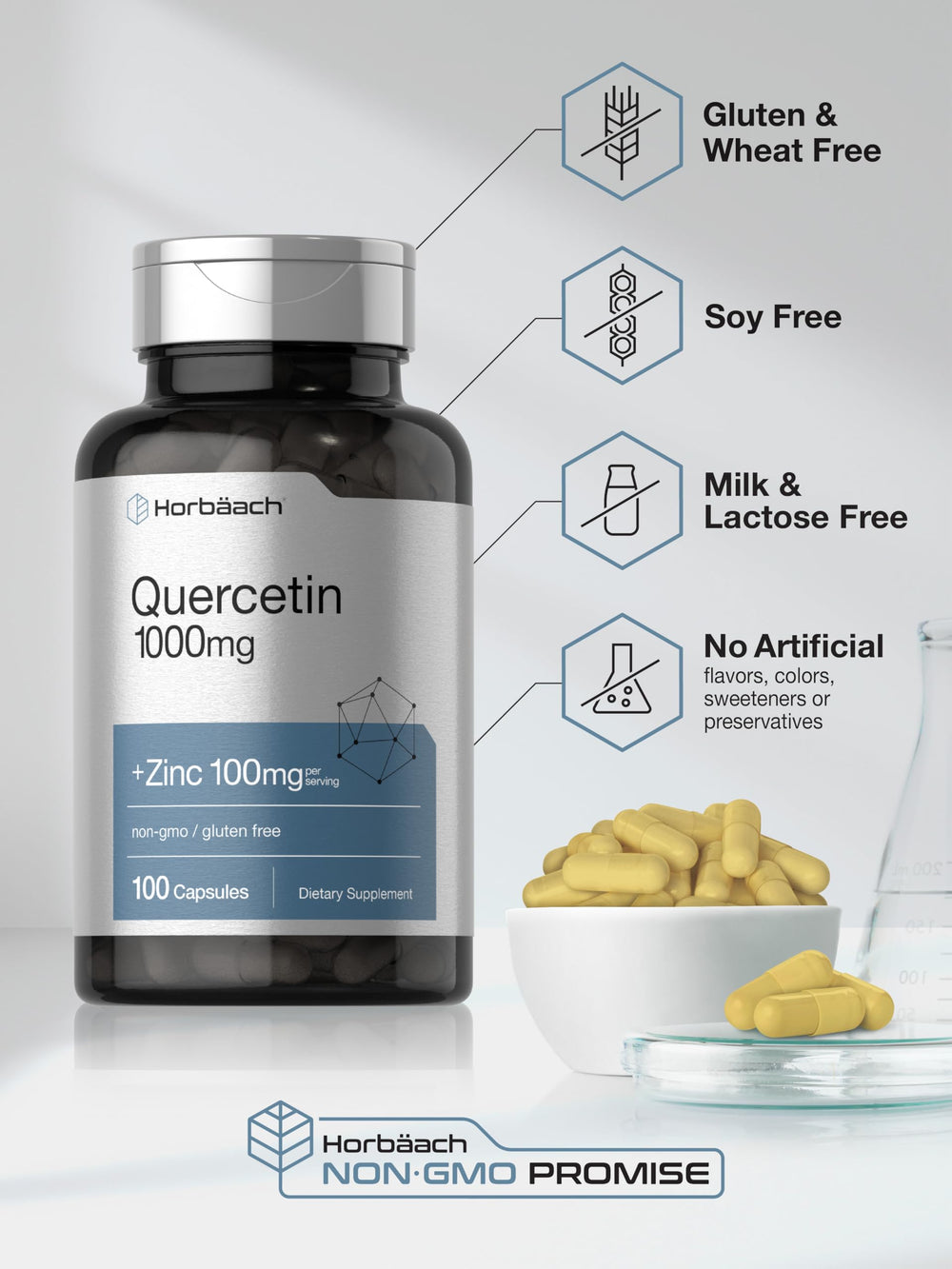 Capsules close-up showing quercetin and zinc capsules