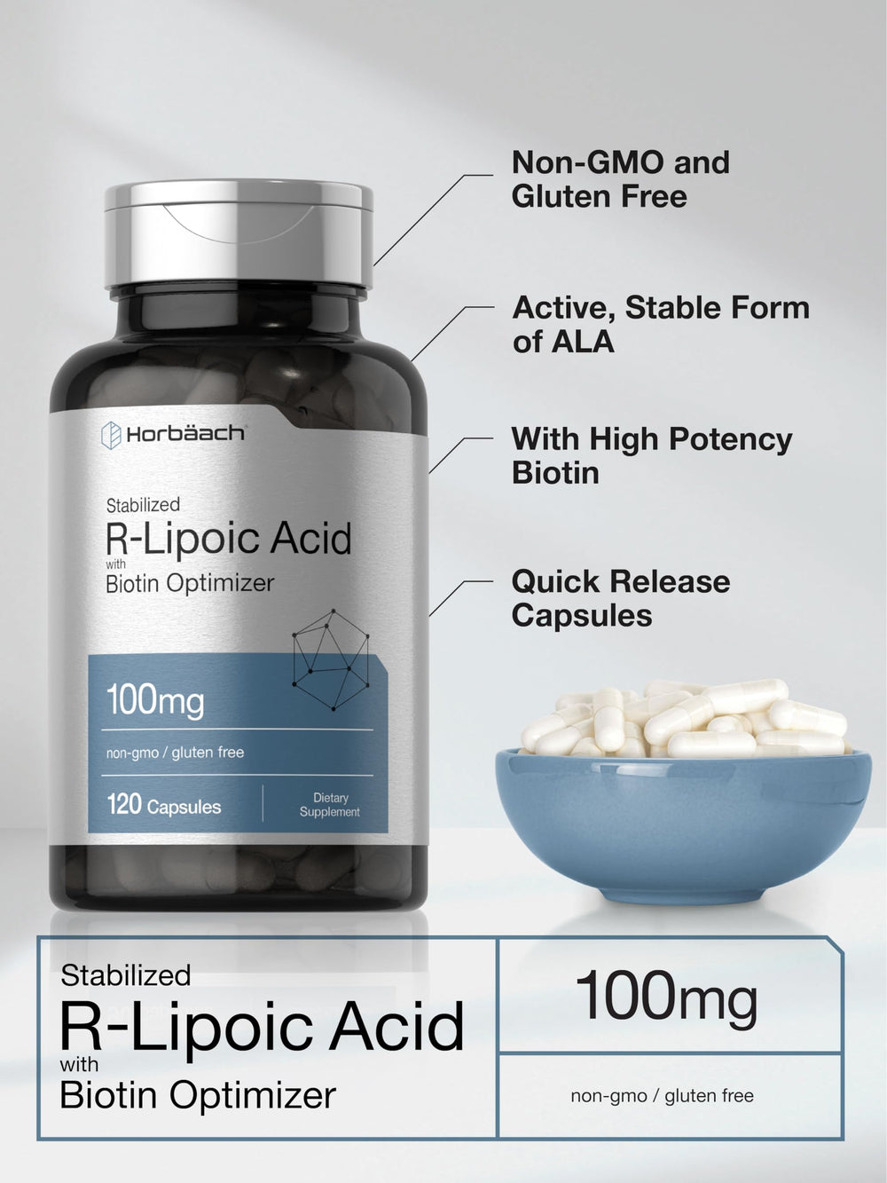 Close-up of Horbaach R-Lipoic Acid capsules and bottle