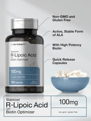Close-up of Horbaach R-Lipoic Acid capsules and bottle