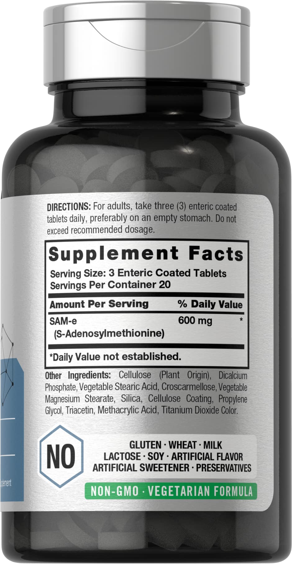 Close-up of 60 vegetarian tablets per bottle