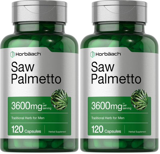 Front view of Horbaach Saw Palmetto Extract 120 capsules pack of 2