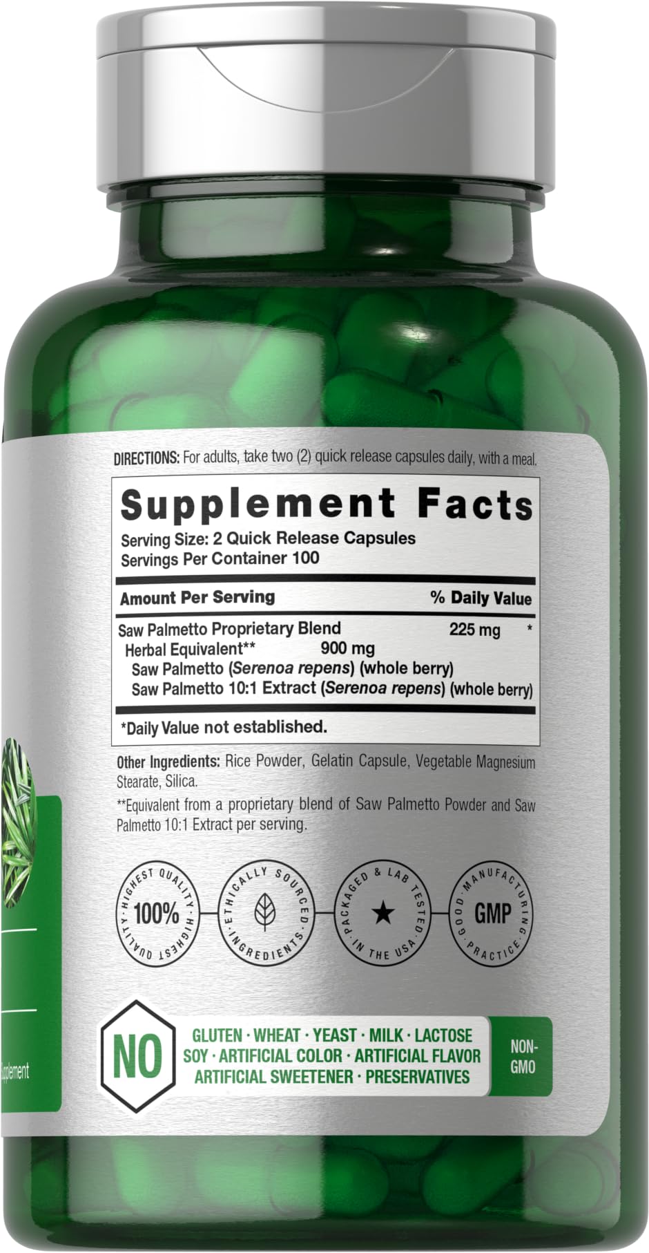 Saw Palmetto extract capsules bottle with label