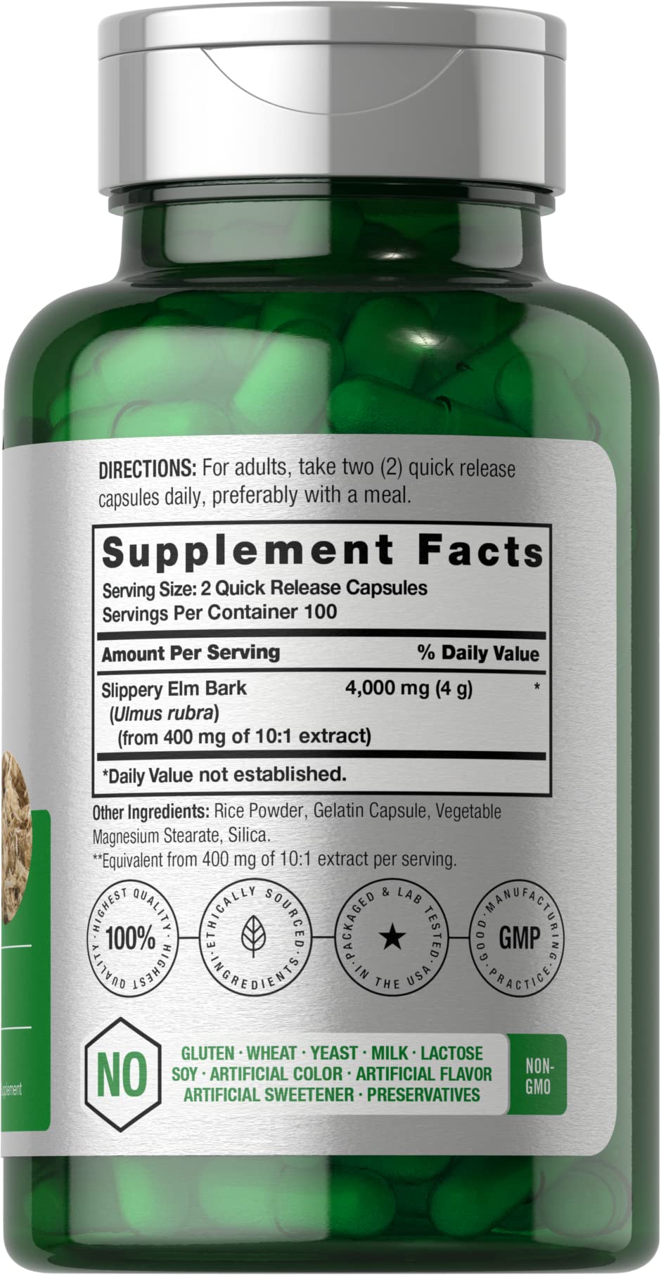 Ingredients and supplement facts for Slippery Elm Bark Capsules