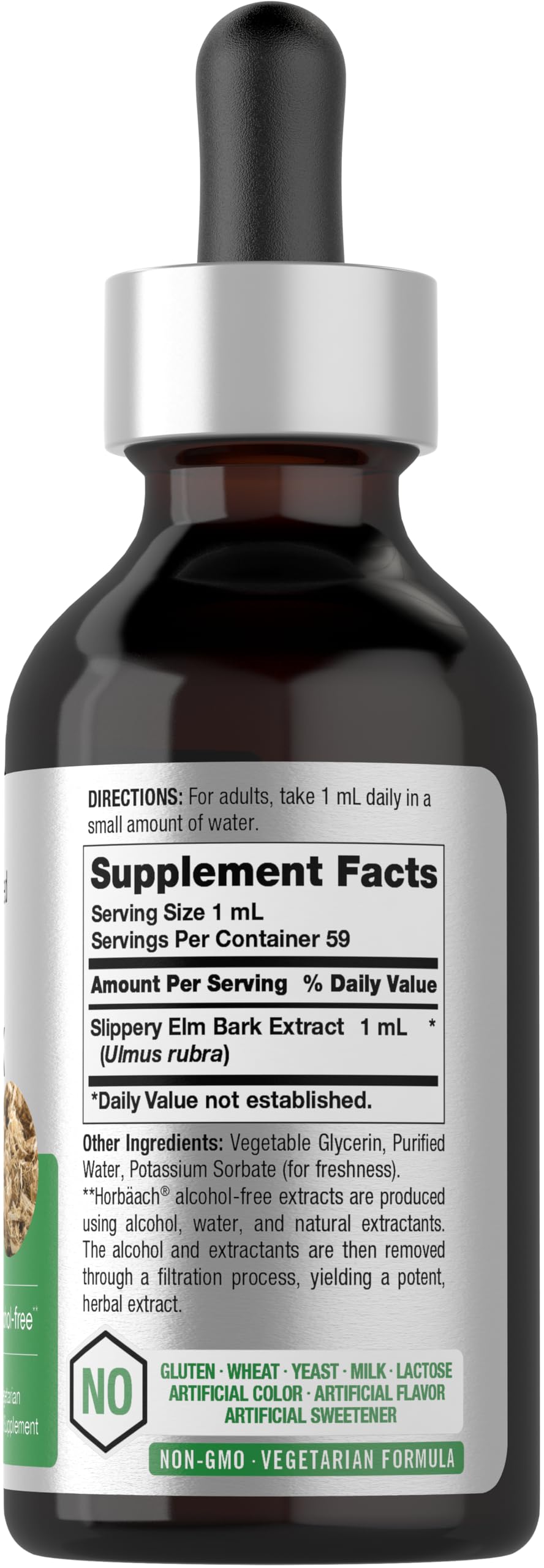 Close-up of Horbaach Slippery Elm Liquid Drops bottle label