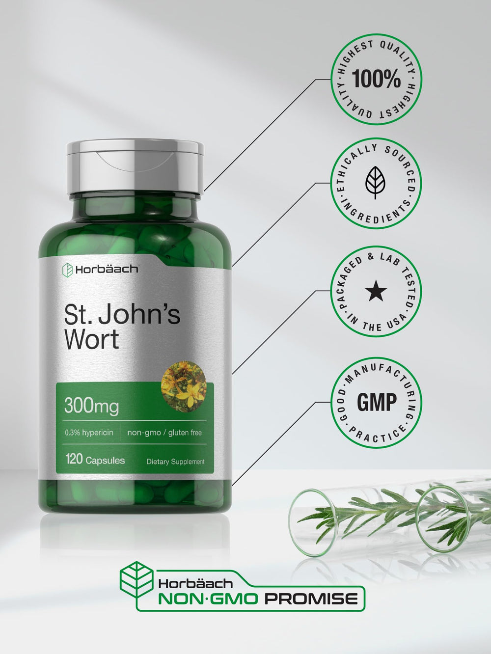 Non-GMO certificate and packaging details on Horbäach St John's Wort