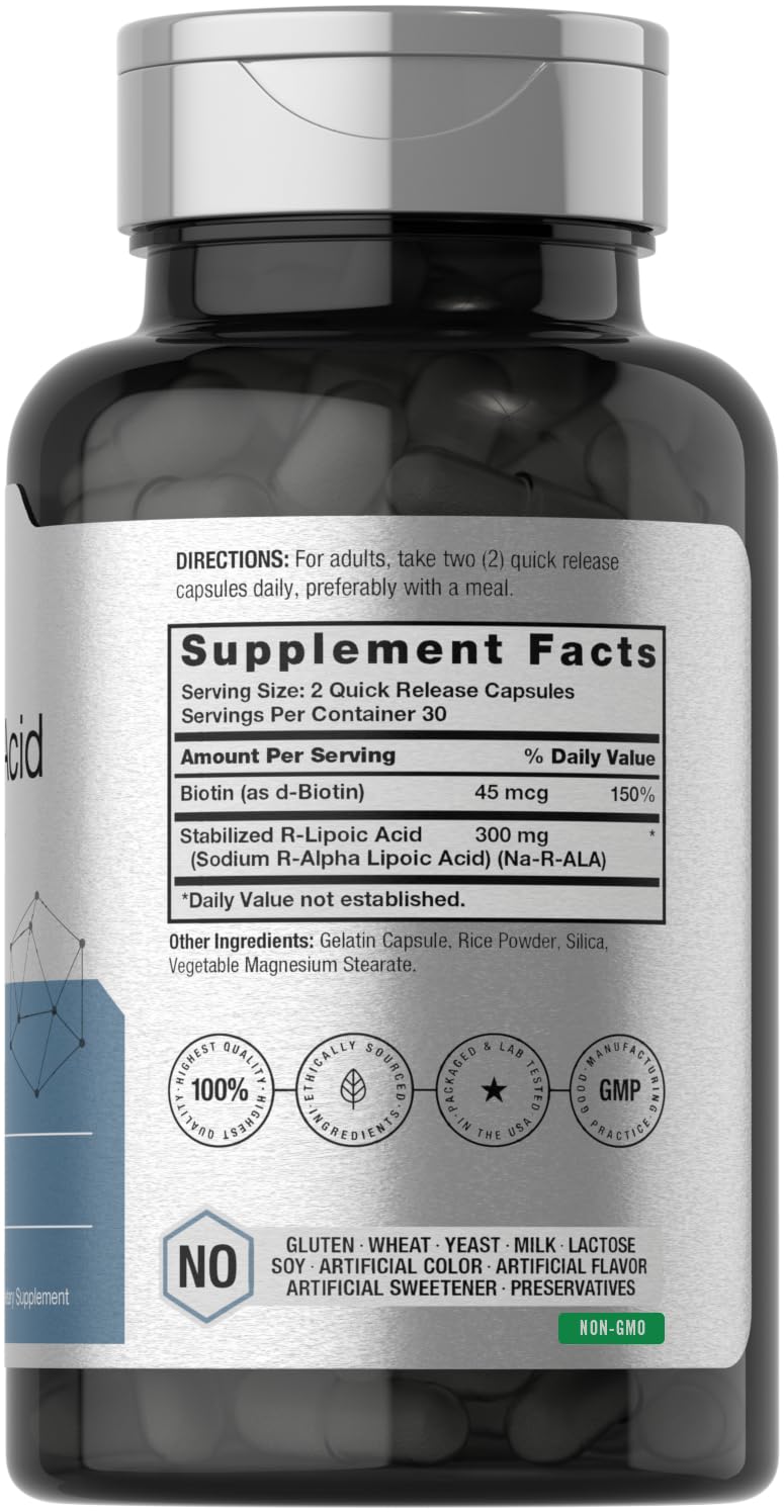 Back view of Horbaach Stabilized R-Lipoic Acid 300mg bottle with label