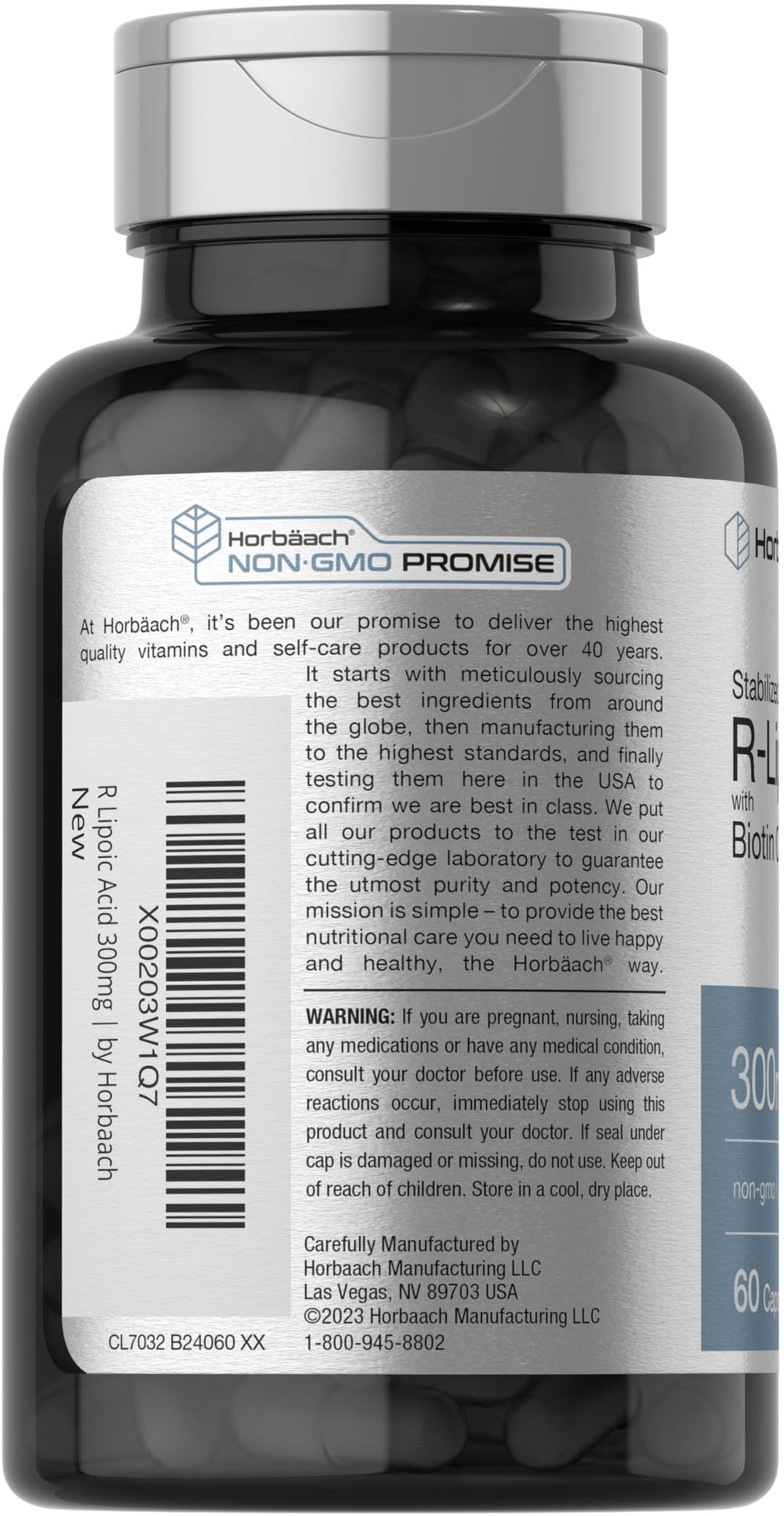 Ingredients panel on Horbaach Stabilized R-Lipoic Acid 300mg bottle