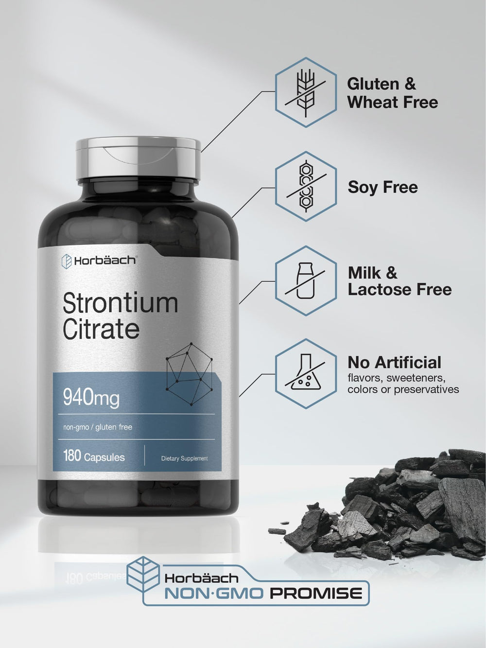Non-GMO & Gluten Free packaging claim on Horbäach Strontium Citrate