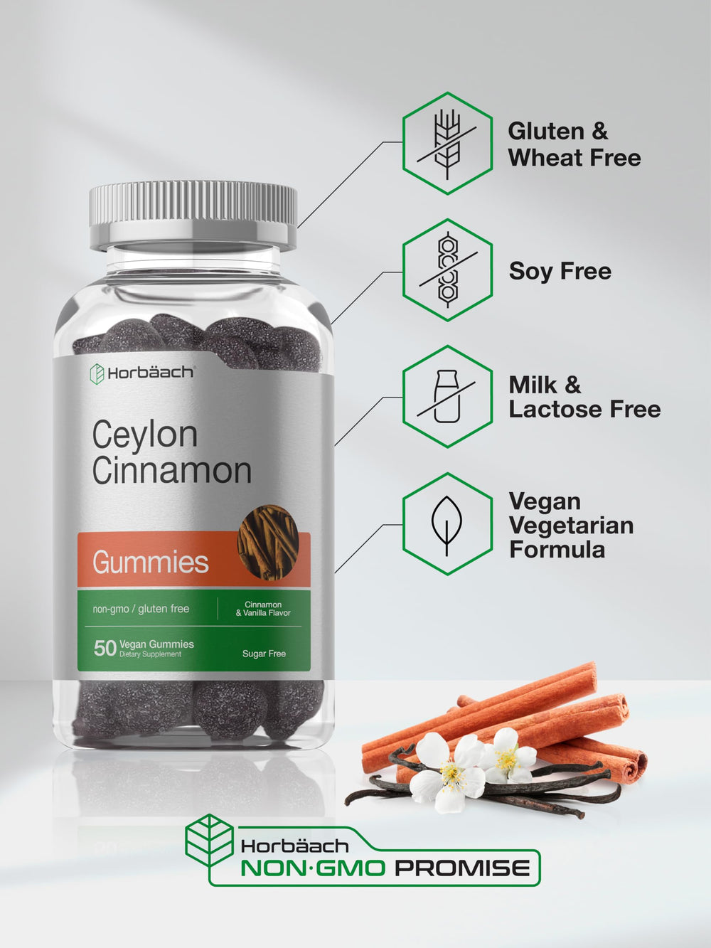 Product box and bottle of Horbäach Cinnamon Gummies