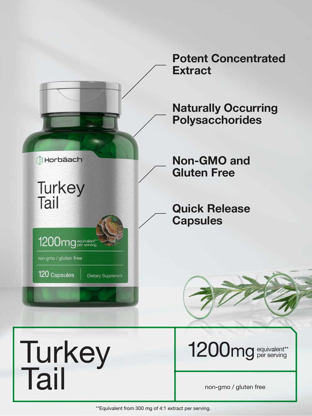 120-count bottle of Horbäach Turkey Tail Mushroom Capsules