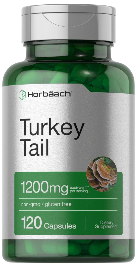 Bottle of Horbäach Turkey Tail Mushroom Capsules with label