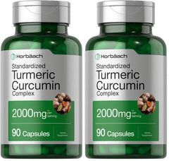 Front view of Horbaach Turmeric Curcumin 2000mg bottle (90 capsules) - Pack of 2