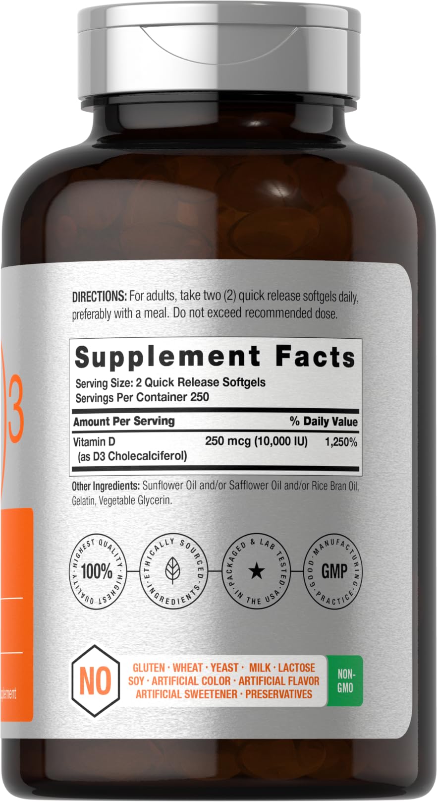 Close-up of Horbaach Vitamin D3 10000 IU bottle