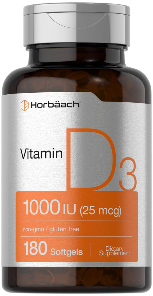 Horbäach Vitamin D3 1000IU softgels bottle label close-up