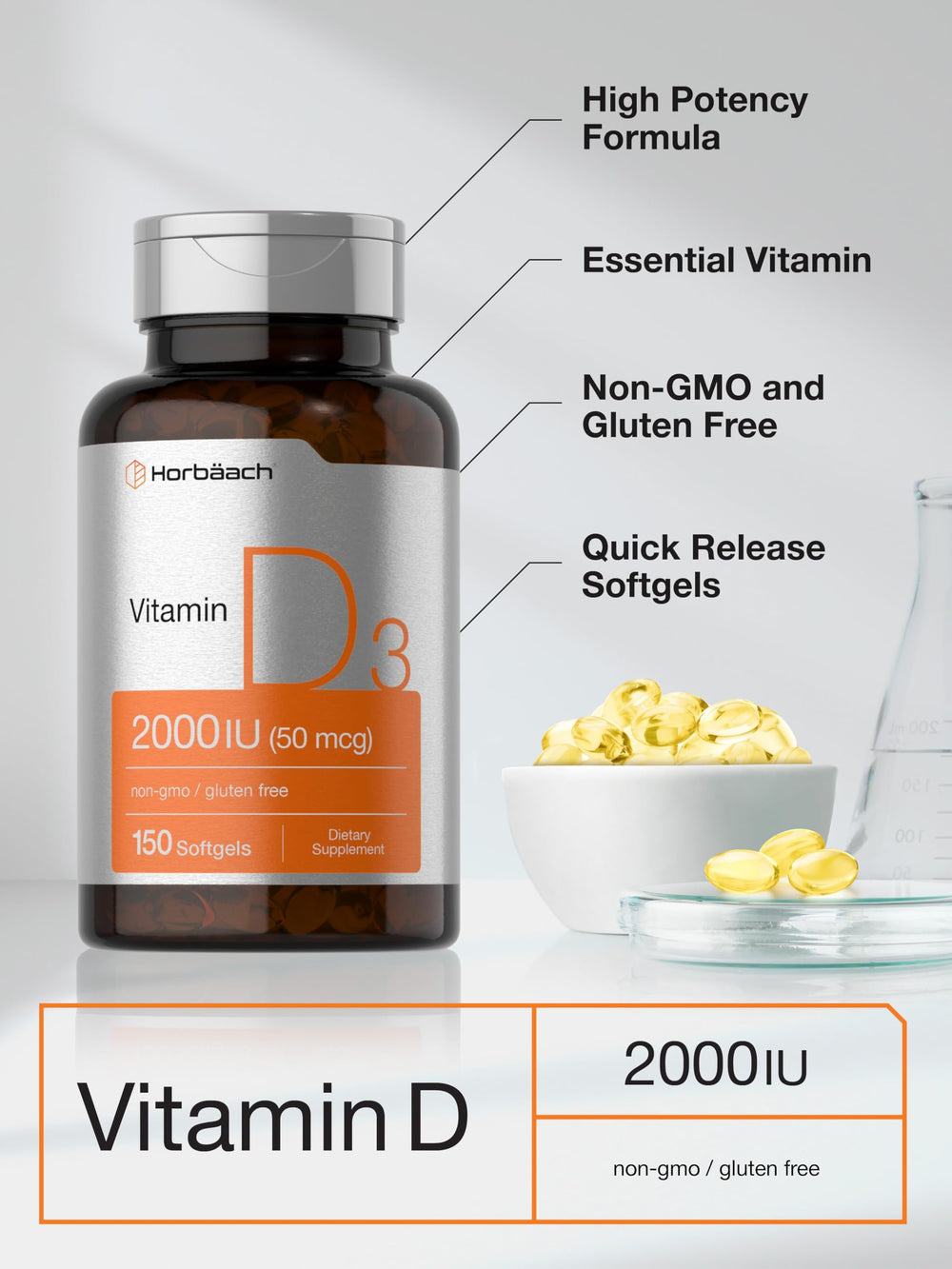 Close-up of Horbaach Vitamin D3 2000IU softgels label