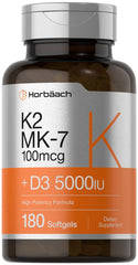 Horbäach Vitamin D3 K2 5000 IU bottle - 180 softgels, front view
