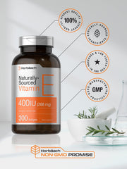 Label indicating gluten-free and non-GMO Horbaach Vitamin E