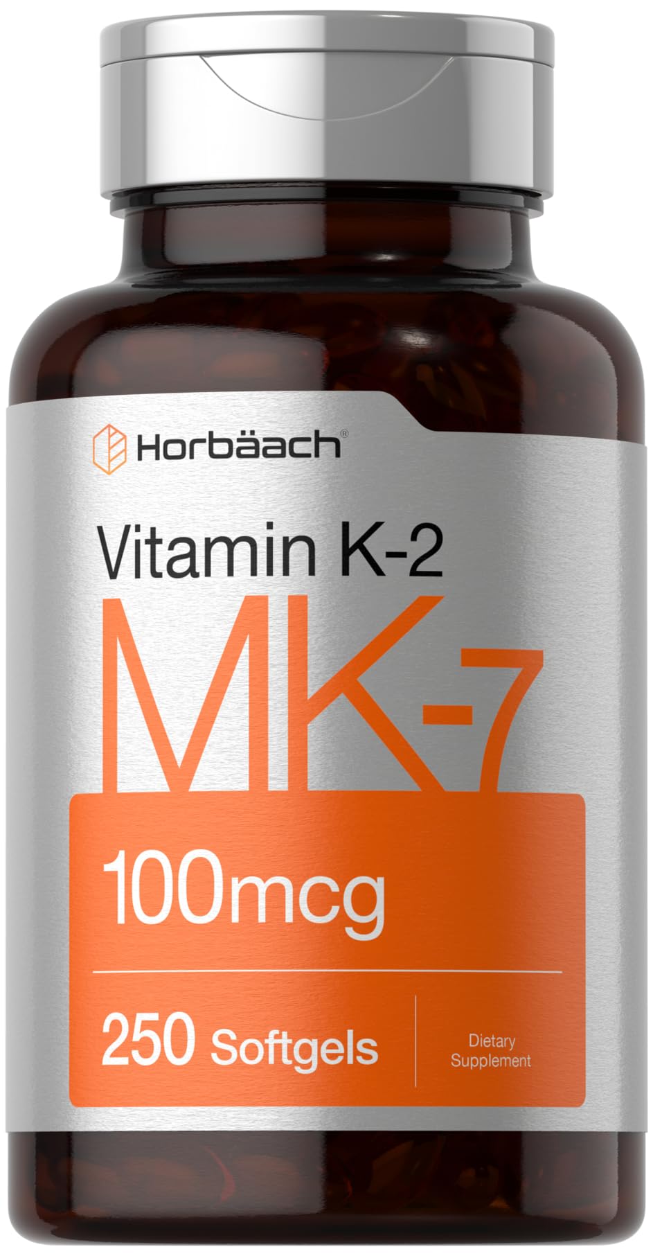 Front view of Horbäach Vitamin K2 MK7 100mcg 250 softgels bottle