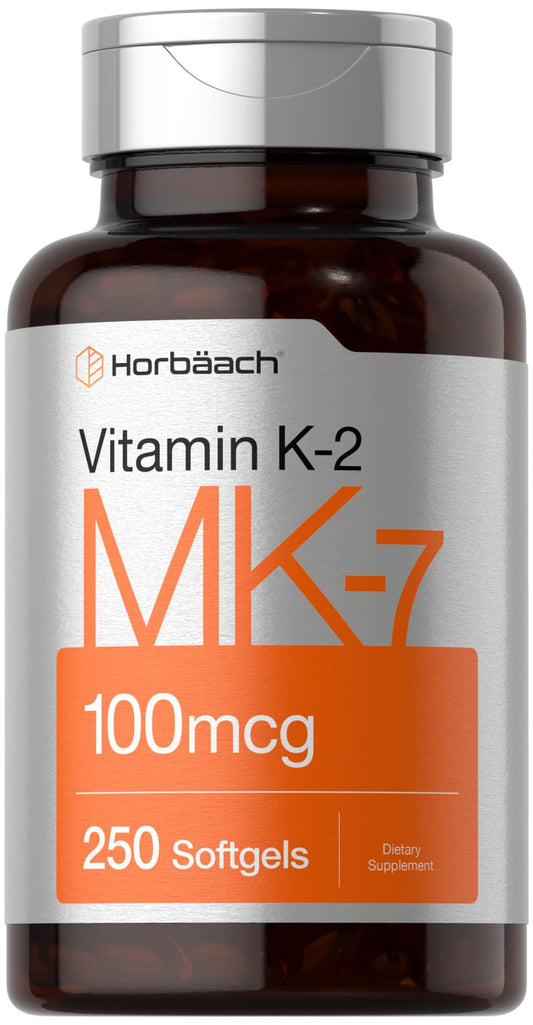 Front view of Horbäach Vitamin K2 MK7 100mcg 250 softgels bottle